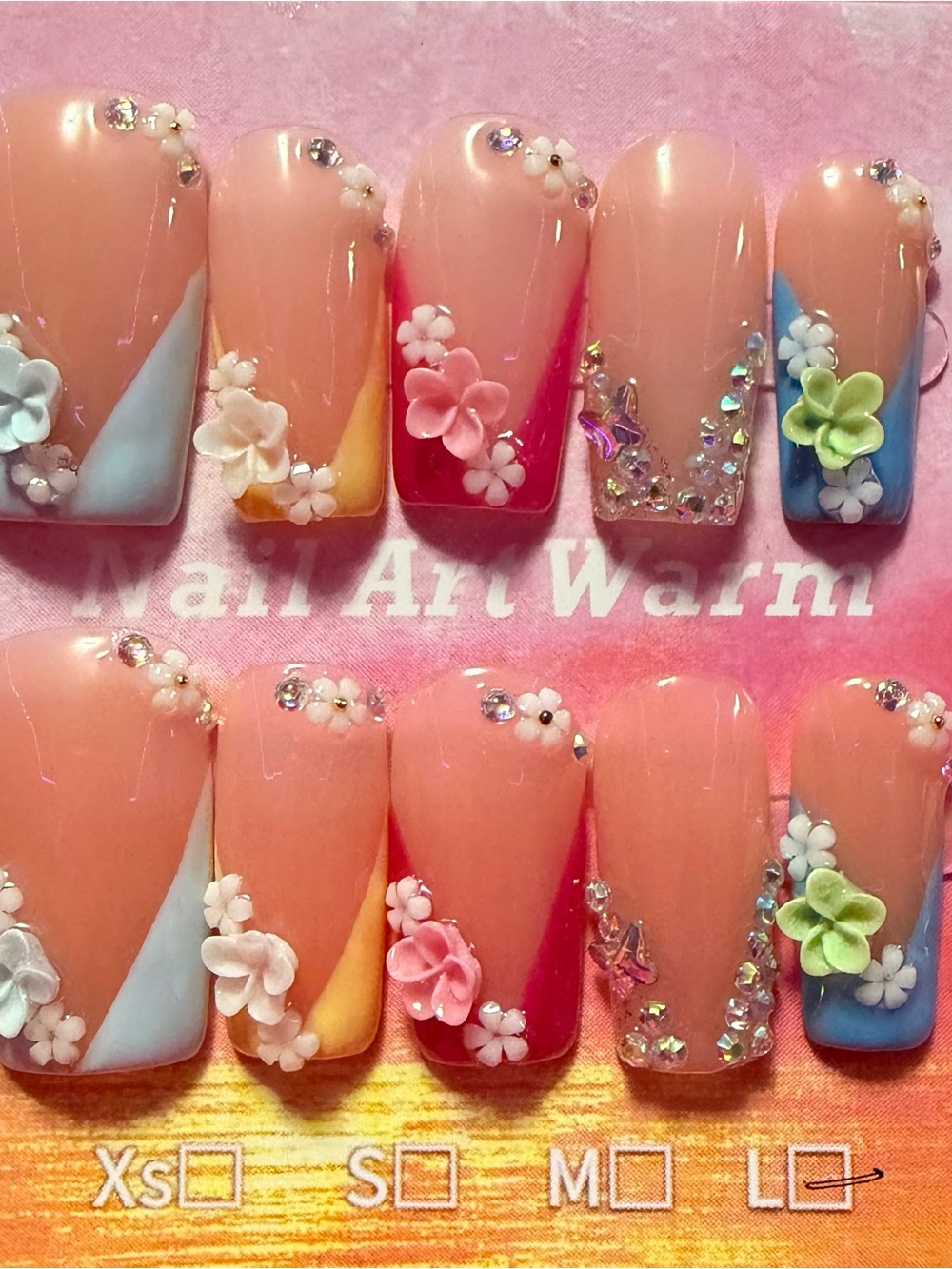 Peach Floral Ombre Press-On Nails with Crystals